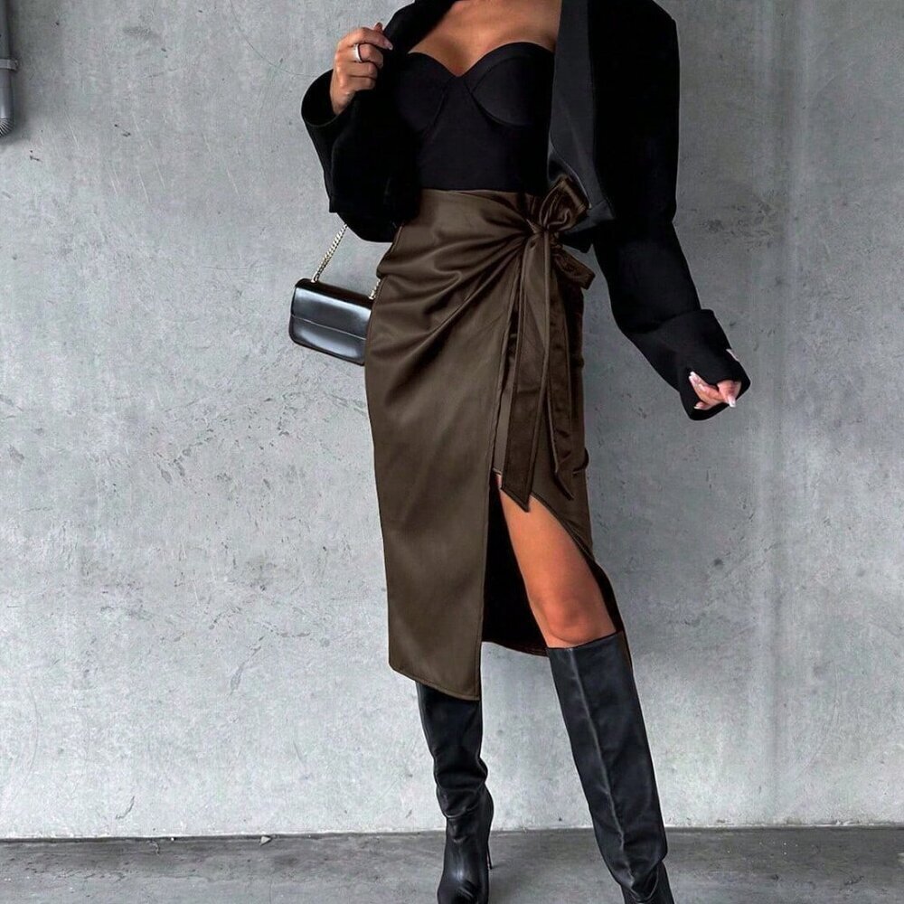 Coffee Brown Punk Women's High Waist Sexy Slit Mini Skirt